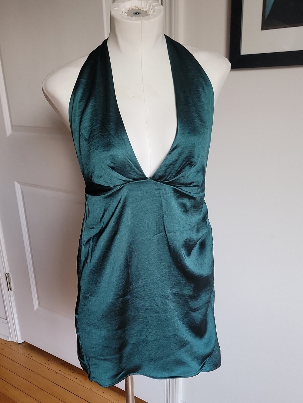 PacSun LA Hearts Emerald Green Satin Plunging Halter Mini Dress Size XS Like New